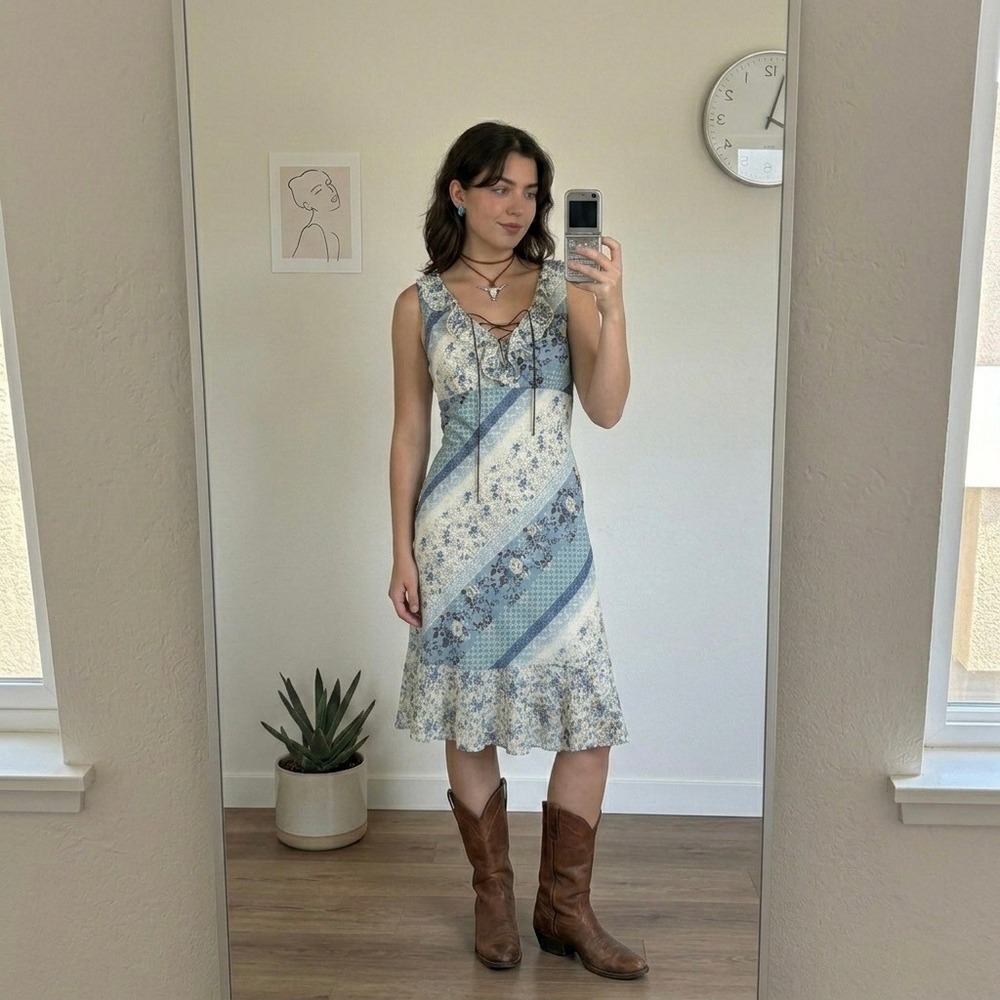 VTG Y2K‎ Breakin Loose Dress Blue Cream 7/8 Floral Patchwork Lace Ruffle Dainty
